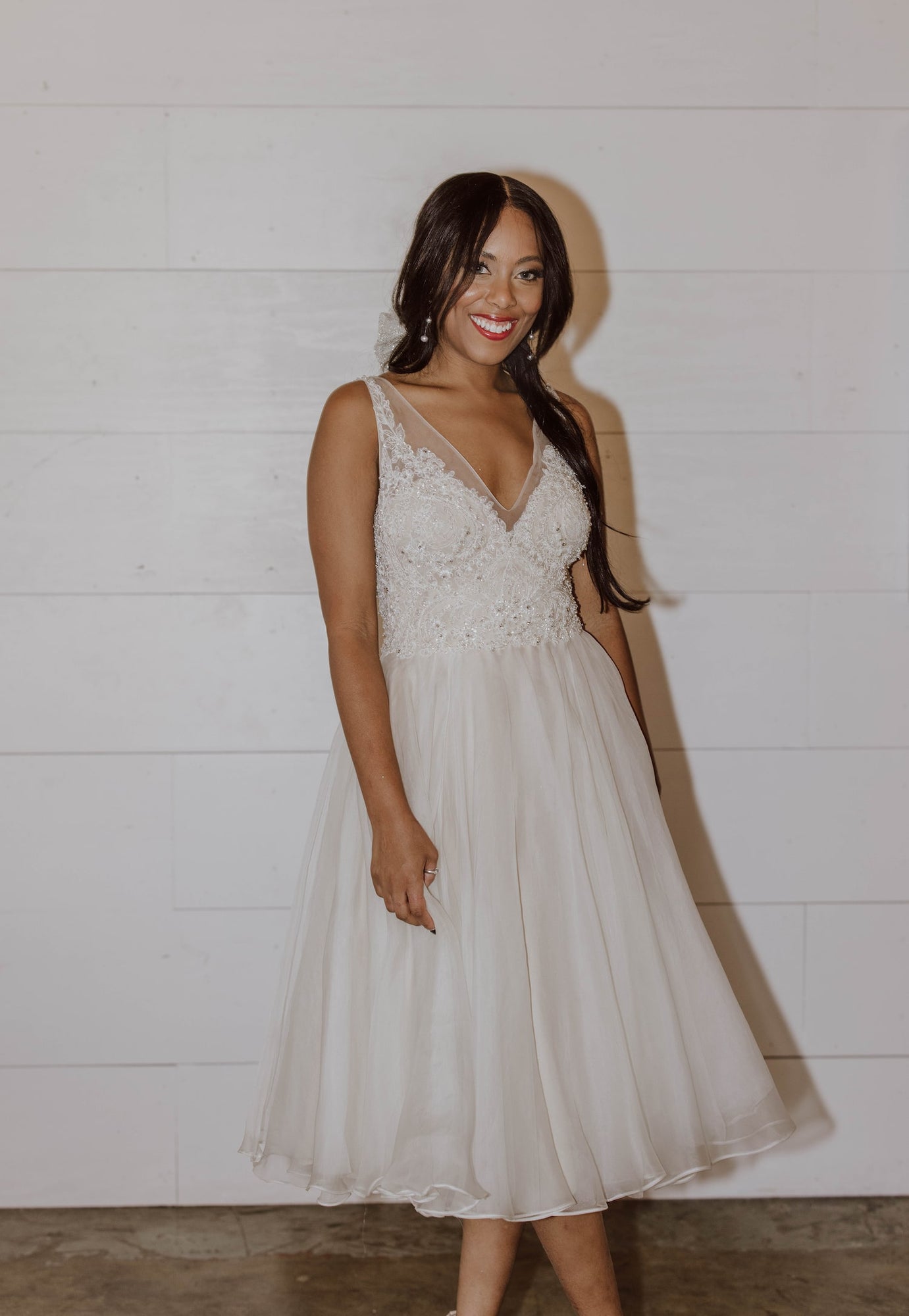 Beaded Lace and Organza Midi Dress- Elopement Outfit - White Maxi Skirt Beaded Lace and Organza Midi Dress- Elopement Outfit - White Maxi Skirt