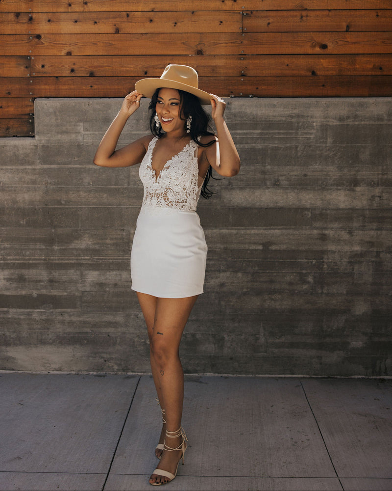 Floral lace bodice with crepe skirt mini dress