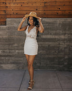 Floral lace bodice with crepe skirt mini dress