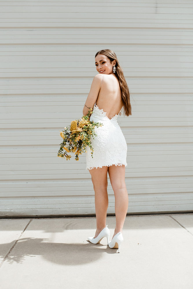 Lace mini dress with optional overskirt wedding dress