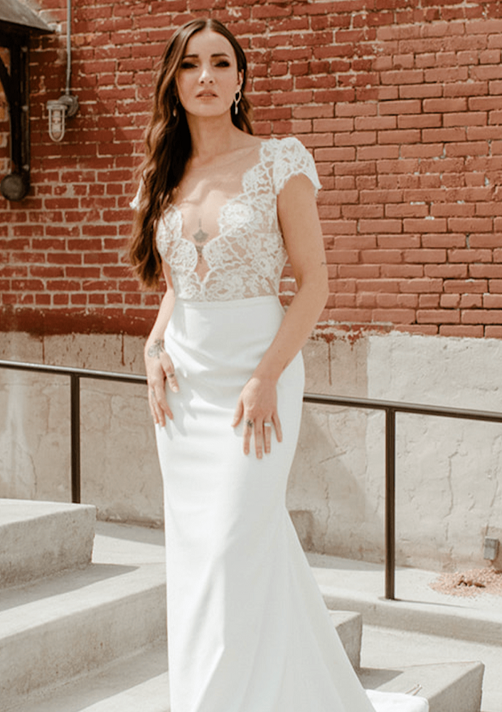 Cap sleeve lace sheath wedding dress