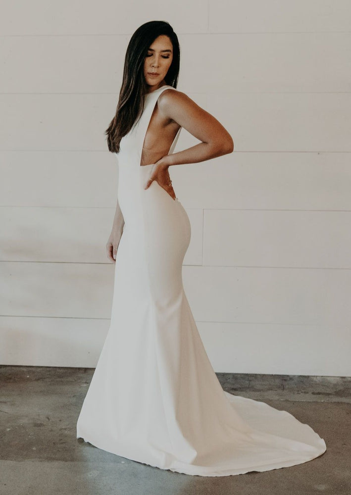 High Neck Crepe Wedding Gown With Exposed Side