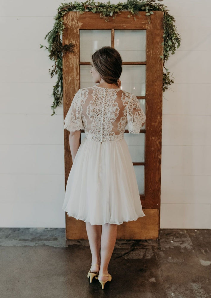 Lace Flutter Sleeve Plunging Aline Dress