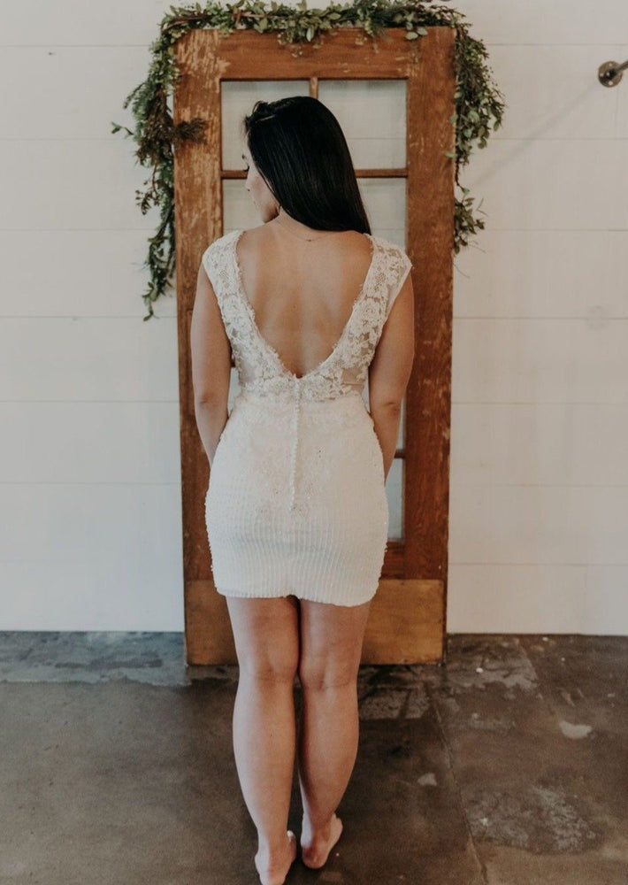 Plunging Lace & Beaded Mini Dress