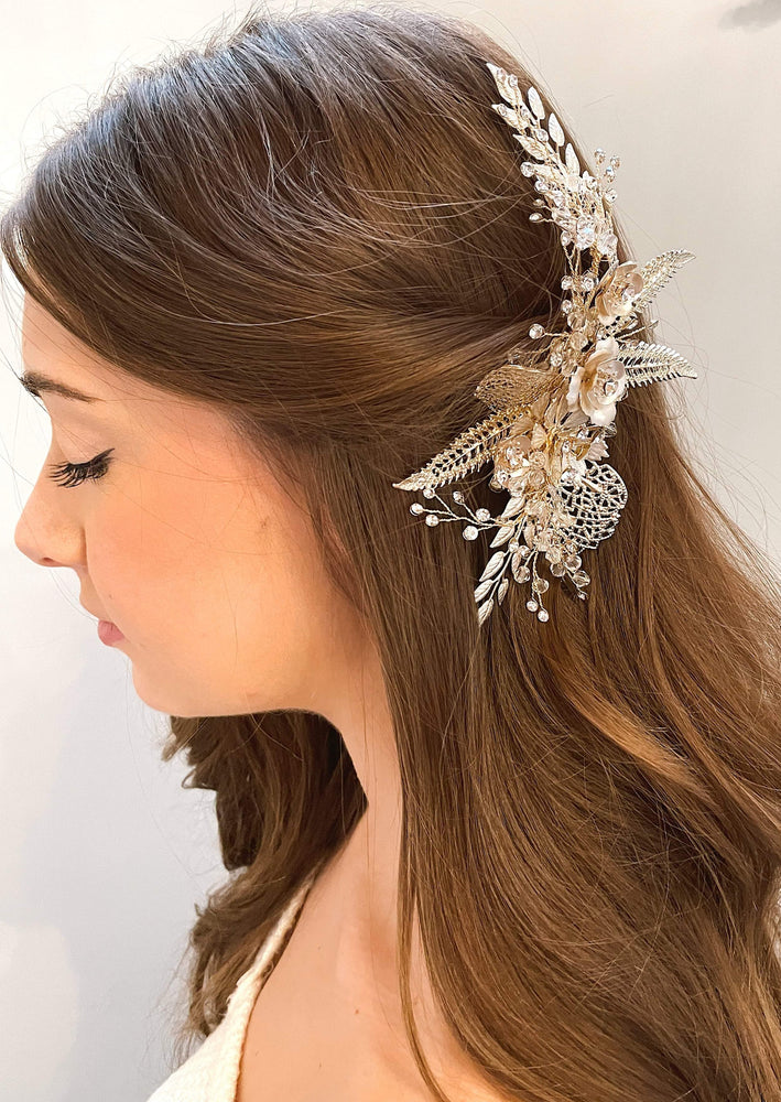 brushed gold florals with crystal hair piece