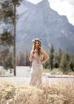 Modern blue bohemian lace fitted wedding gown