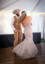 Modern blue bohemian lace fitted wedding gown