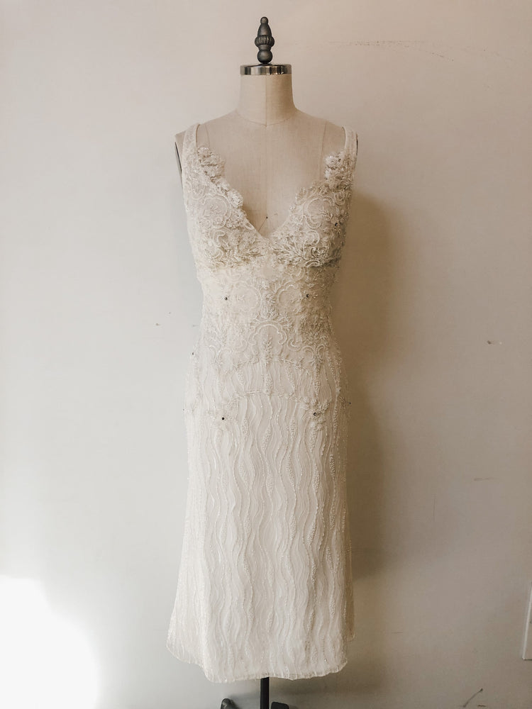 Fully beaded lace tea length dress