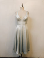 Dusty blue satin tea length dress