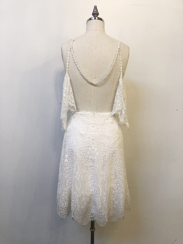 Boho geometric lace and beaded flutter sleeve mini dress