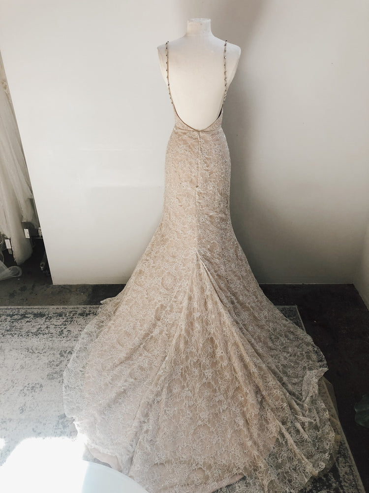 Nude and gold french lace bridal gown
