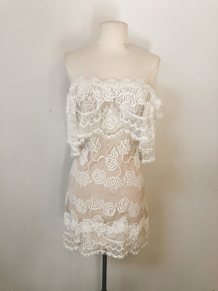 Rose lace off-the-shoulder mini dress