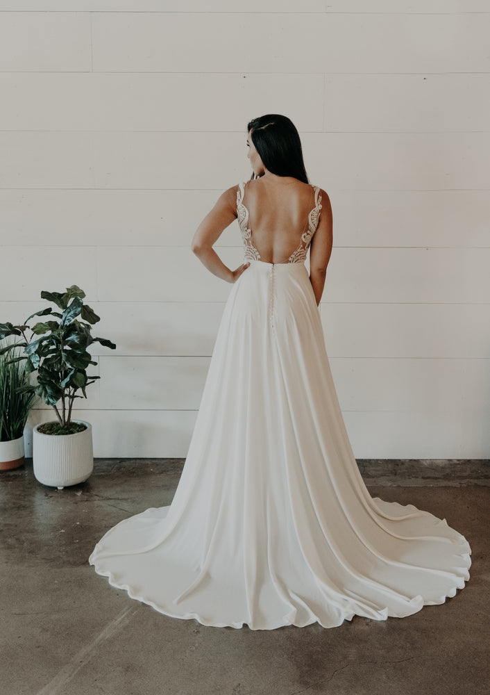 lace and chiffon a-line wedding gown