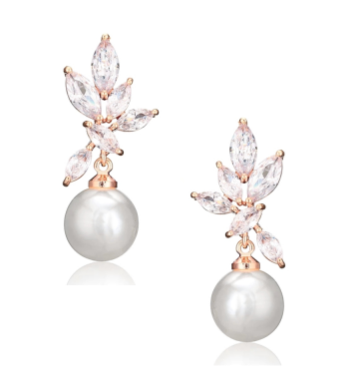 Pearl, Crystal and Rose Gold Wedding Earrings