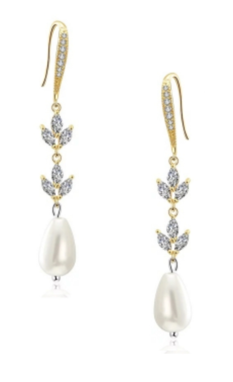 Crystal, Pearl and Gold Wedding Dangle Earrings